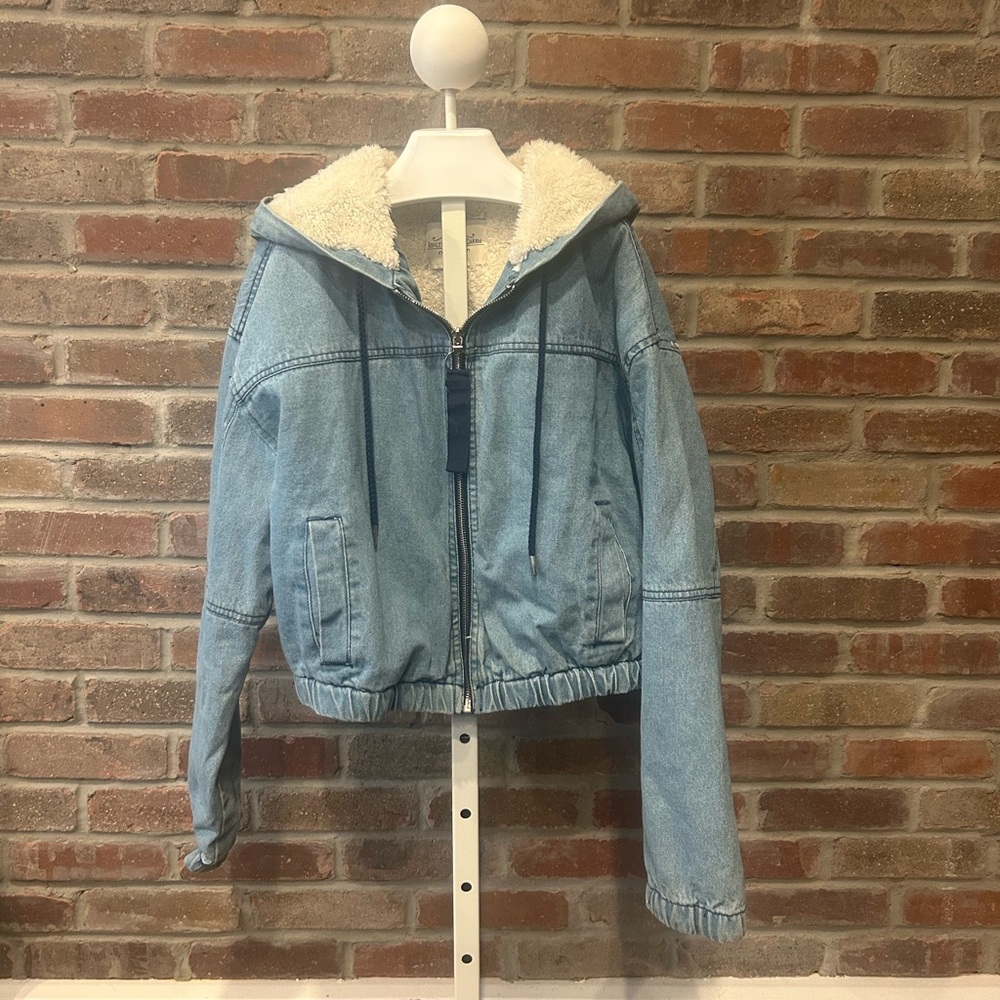 Unisex Ashley Vintage Charm Size Small Sherpa Lined Denim Zippered Hooded Jacket
